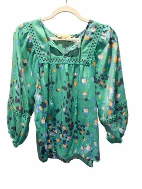 Hope & Harlow Green Floral Peasant Top Lace Trim Square neckline w/Tassels MED